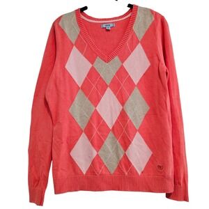 VTG IZOD Women's Coral Argyle V Neck Long Sleeve Sweater Size Medium